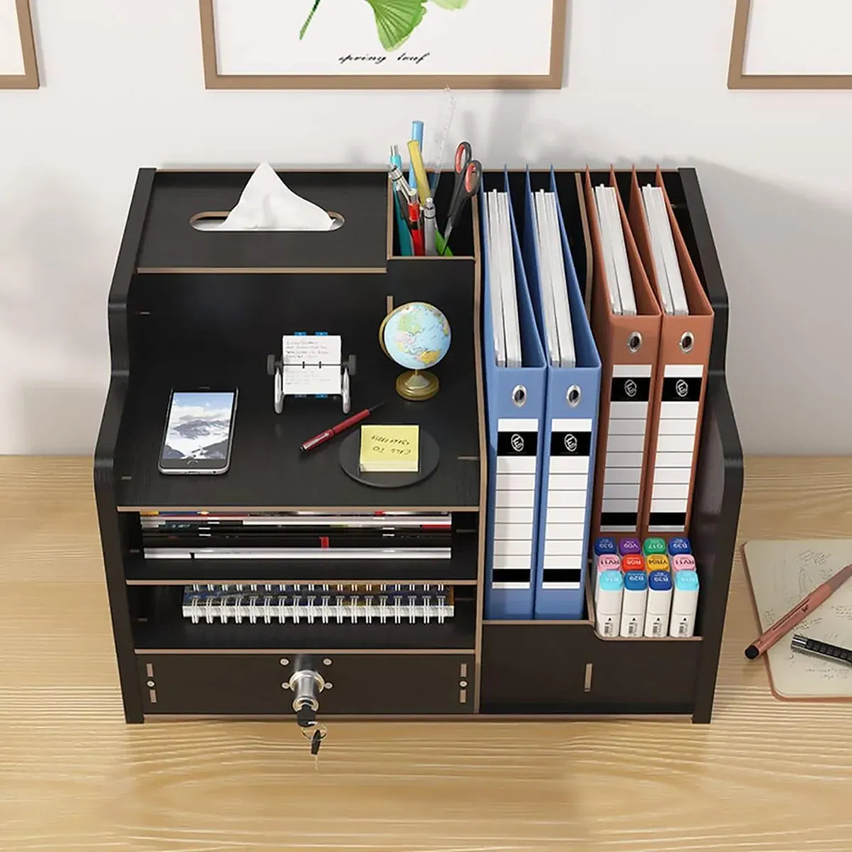Wooden Desktop Storage Box with Locking Drawer Space Saving for Home Office Use - Black
