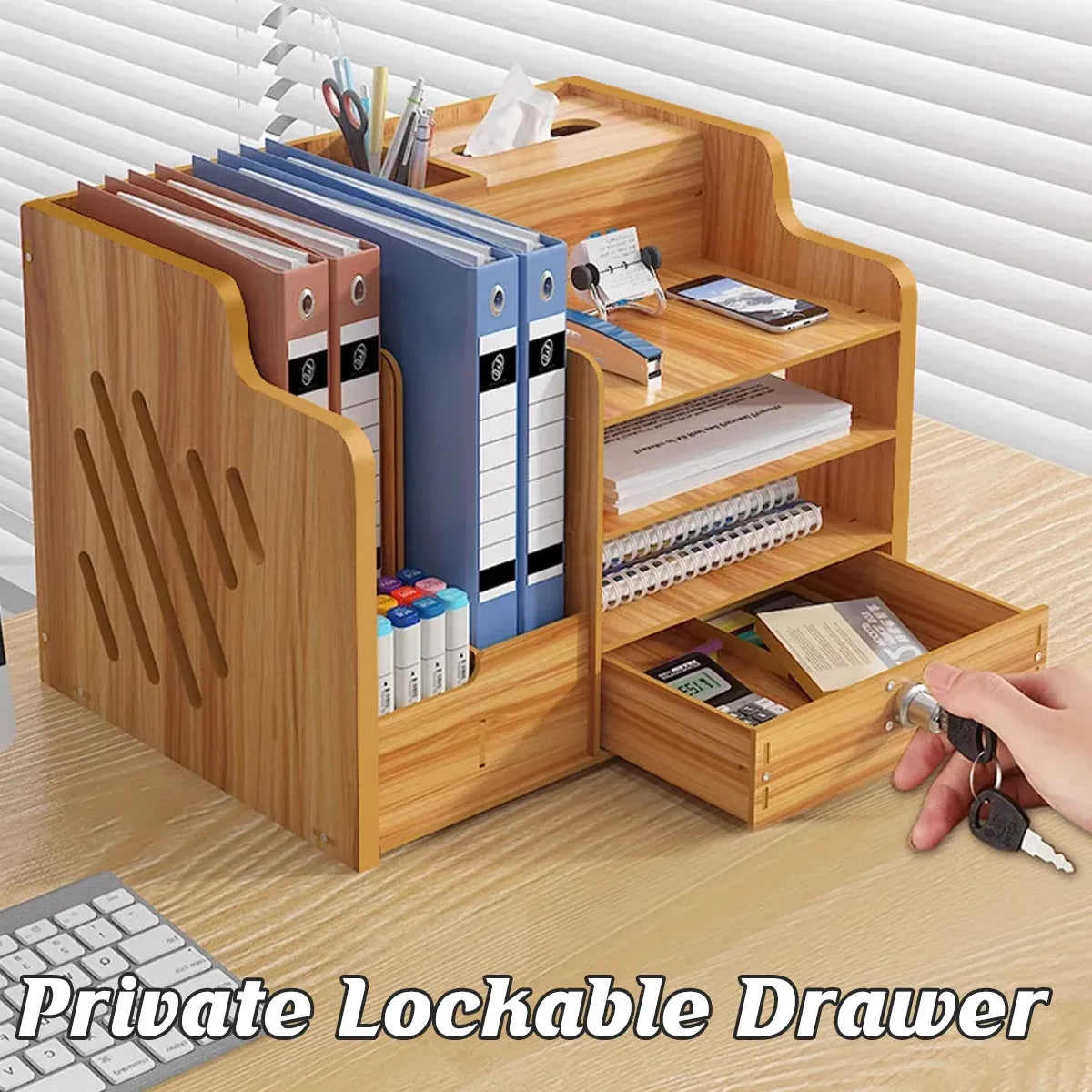 Wooden Desktop Storage Box with Locking Drawer Space Saving for Home Office Use - Black
