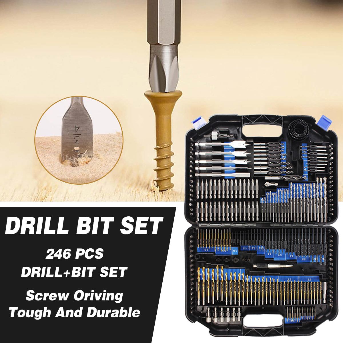 246pcs Drill Bit Set Hole Opener Drills Kit Metal Wood Plastic DIY