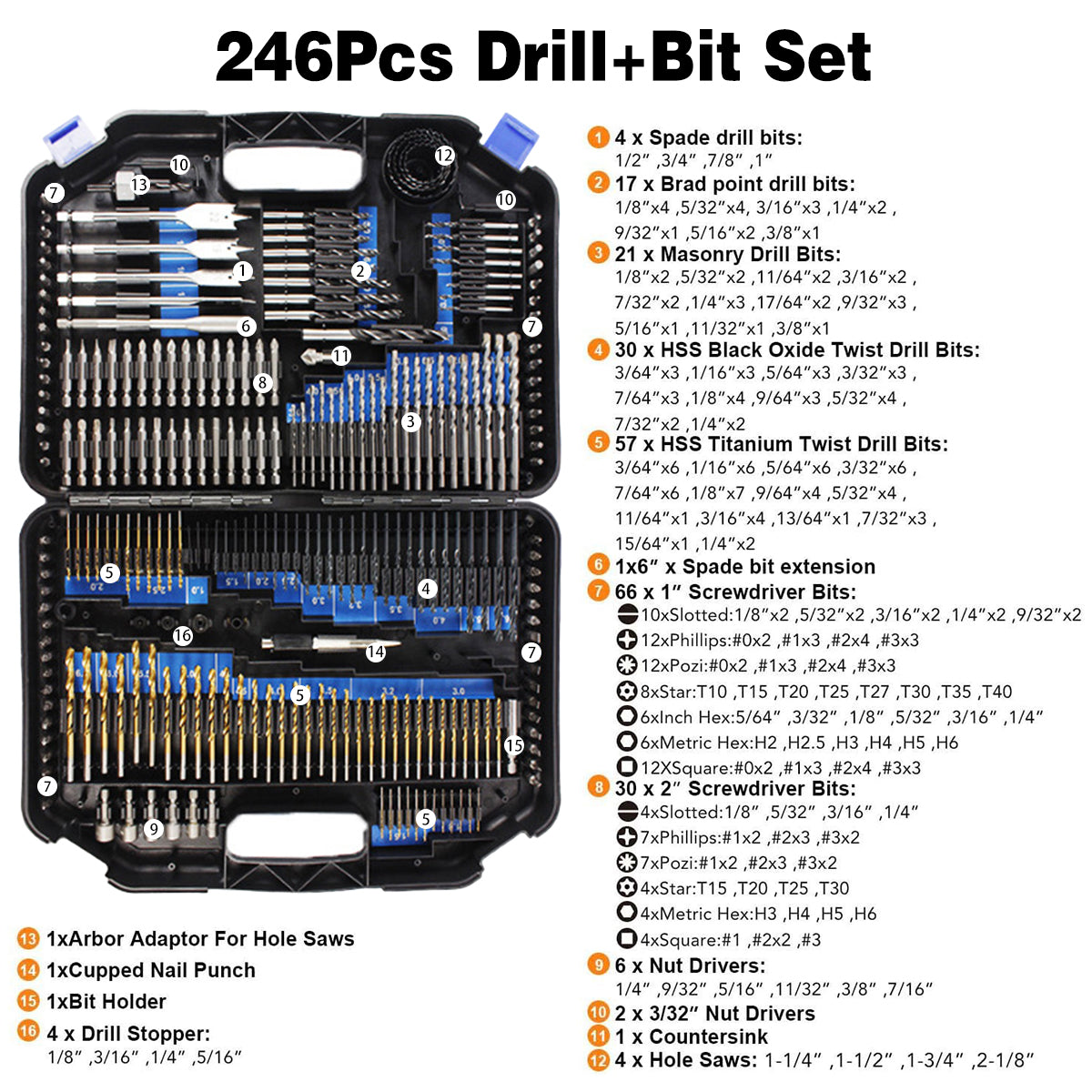 246pcs Drill Bit Set Hole Opener Drills Kit Metal Wood Plastic DIY