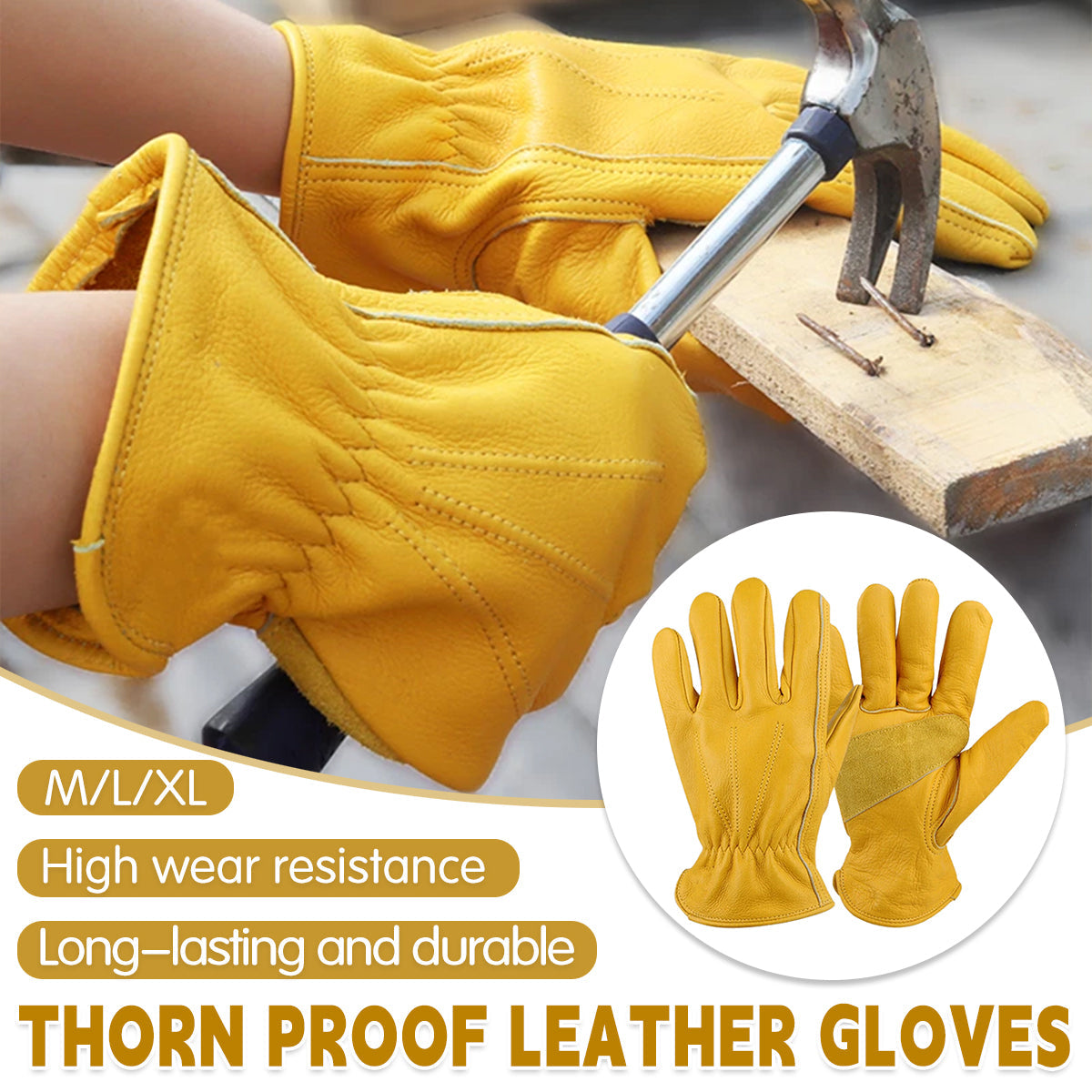 Golden Yellow Cowhide Work Gloves Full Finger Gardening DIY - XL
