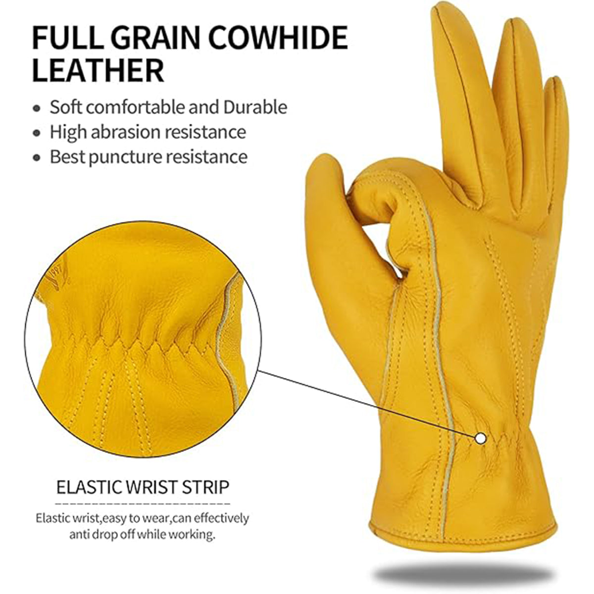 Golden Yellow Cowhide Work Gloves Full Finger Gardening DIY - XL