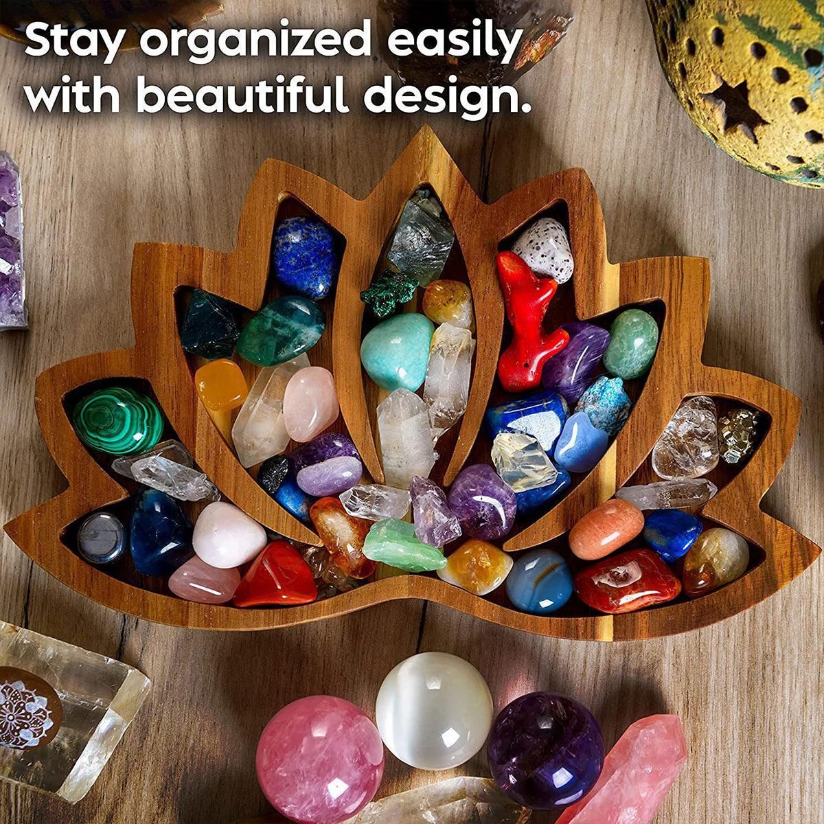 Wooden Crystal Tray Lotus Stone Display Stand Storage Holder for Home Decor