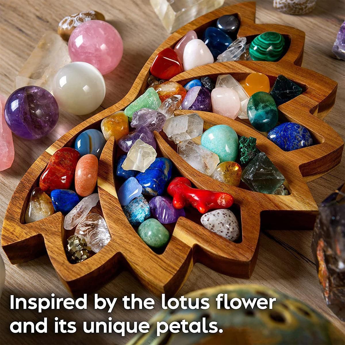 Wooden Crystal Tray Lotus Stone Display Stand Storage Holder for Home Decor