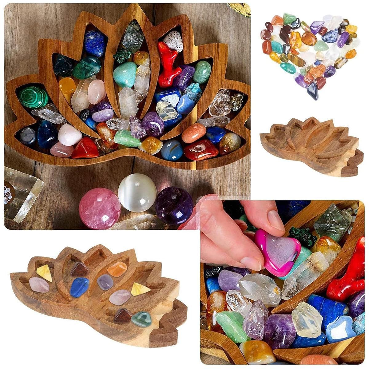 Wooden Crystal Tray Lotus Stone Display Stand Storage Holder for Home Decor