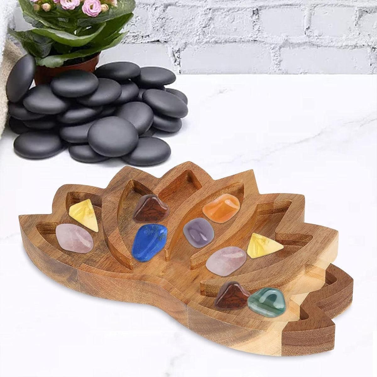 Wooden Crystal Tray Lotus Stone Display Stand Storage Holder for Home Decor
