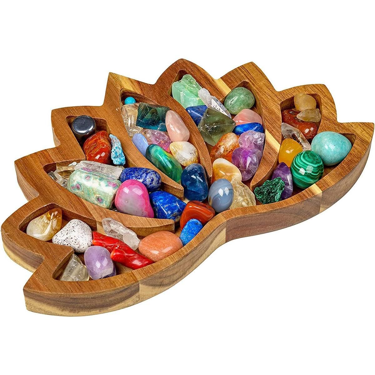 Wooden Crystal Tray Lotus Stone Display Stand Storage Holder for Home Decor