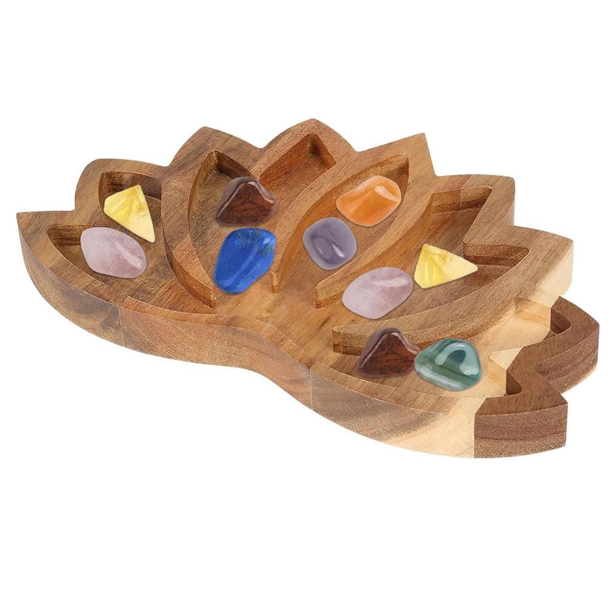 Wooden Crystal Tray Lotus Stone Display Stand Storage Holder for Home Decor