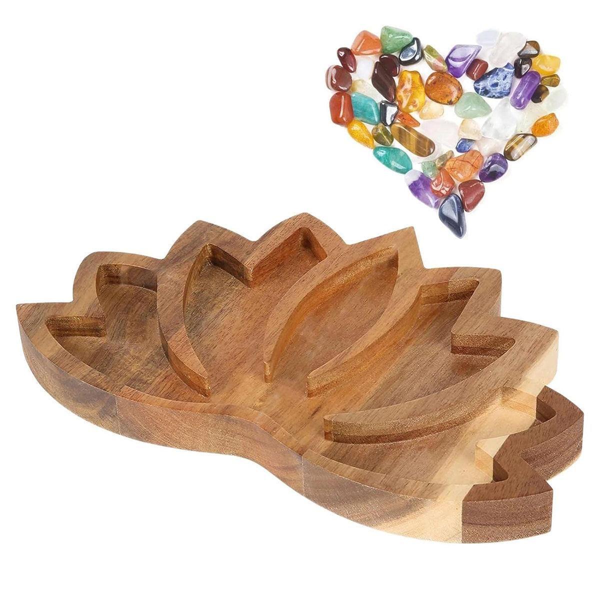 Wooden Crystal Tray Lotus Stone Display Stand Storage Holder for Home Decor