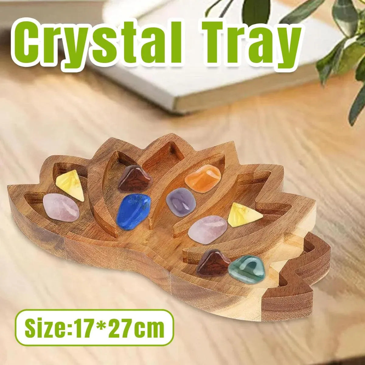Wooden Crystal Tray Lotus Stone Display Stand Storage Holder for Home Decor