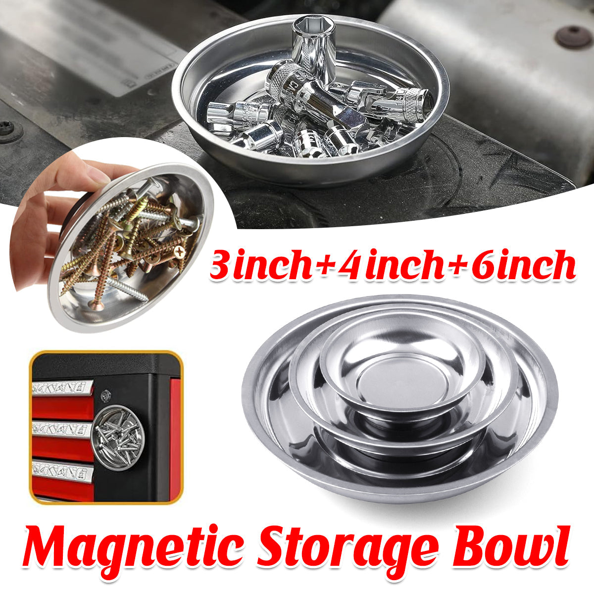 3 4 6 Inch Magnetic Parts Tray Set Stainless Steel Tool Bowl Organizer