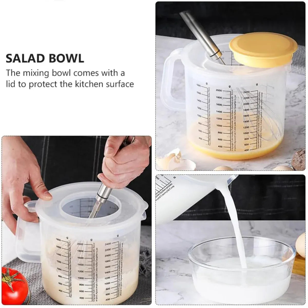 2.5L Plastic Baking Measuring Cup Splash Proof Graduated Mixing Bowl With Lid