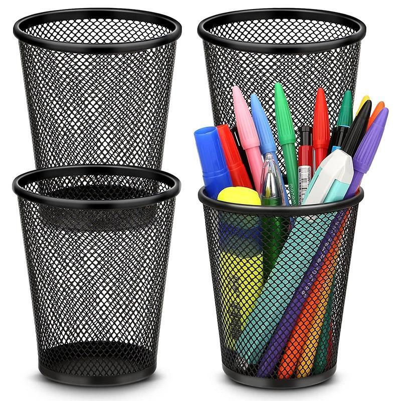 4pcs Round Pen Holder Bucket Desktop Organiser Simple Storage Container Office