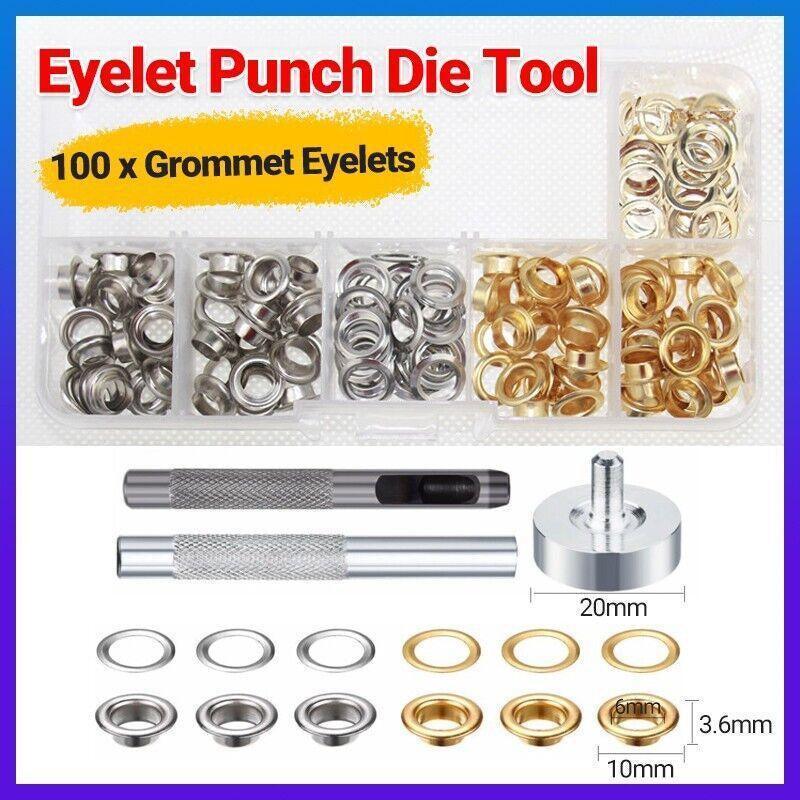 Eyelet Punch Die Tool Kit with 100 Sets of 6mm Grommets for Leather