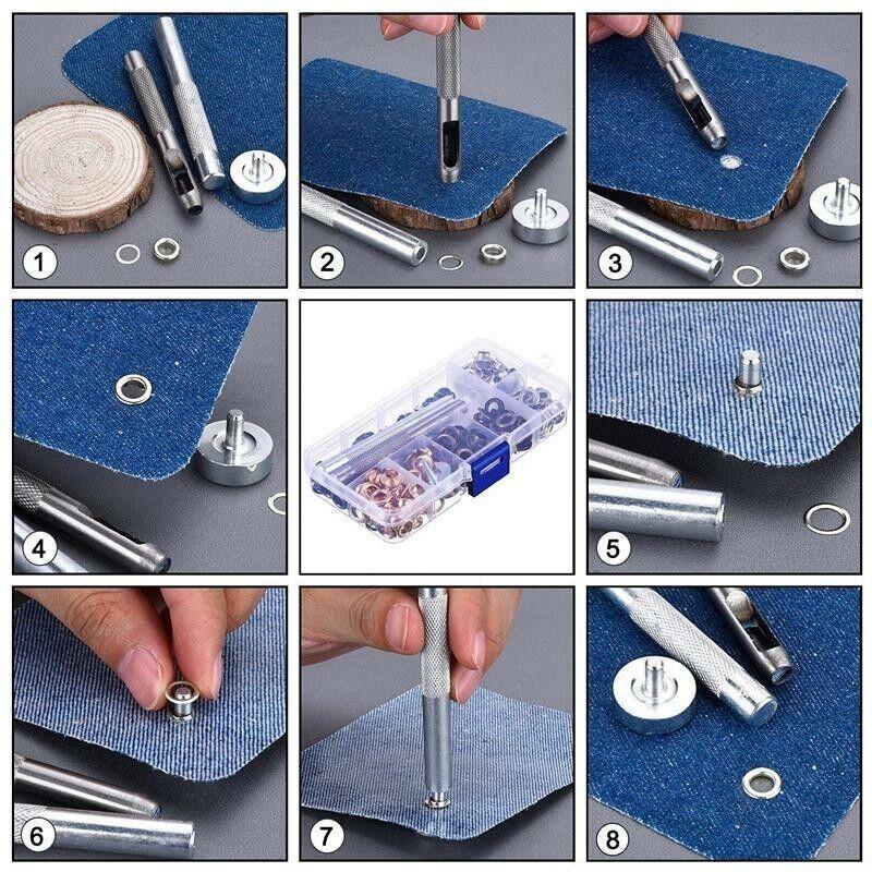 Eyelet Punch Die Tool Kit with 100 Sets of 6mm Grommets for Leather