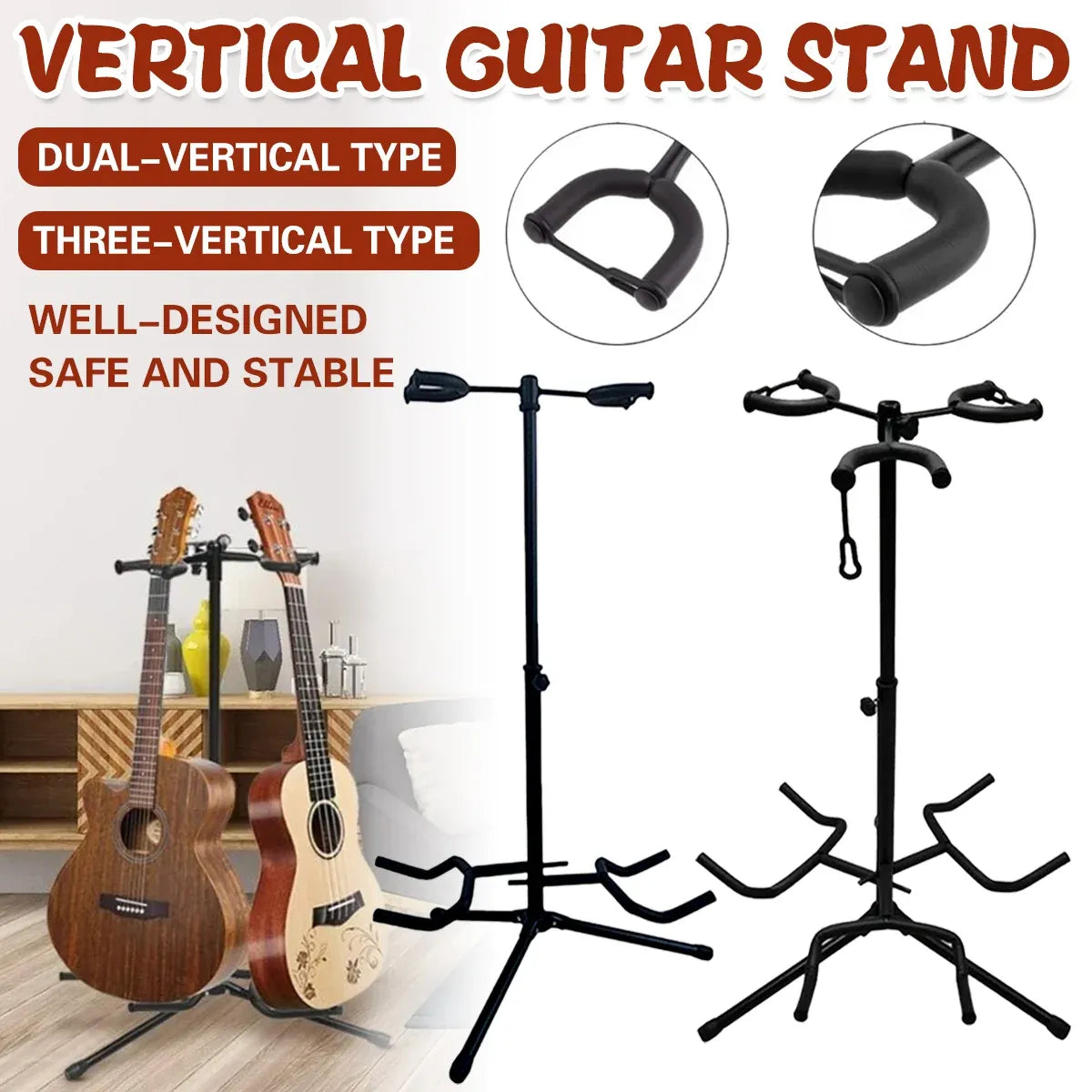 2/3Head Guitar Stand with Height Adjustment Foldable Holder Guitar Stand Bass - Dual-vertical type