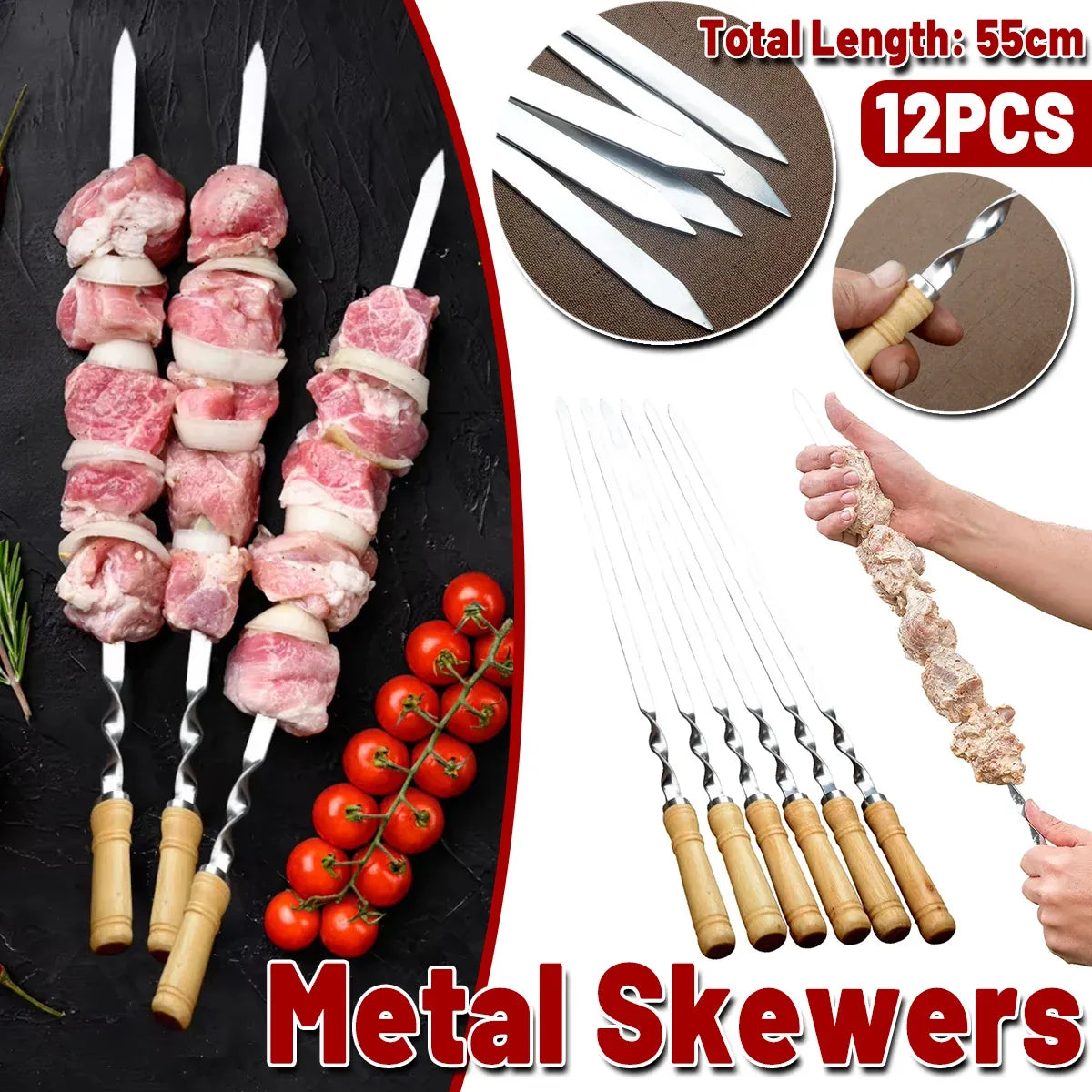 BBQ Skewers 12PCS Flat Stainless Steel 55cm Wooden Handle Grill Meat Veg
