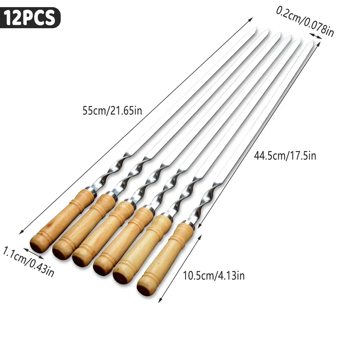 BBQ Skewers 12PCS Flat Stainless Steel 55cm Wooden Handle Grill Meat Veg