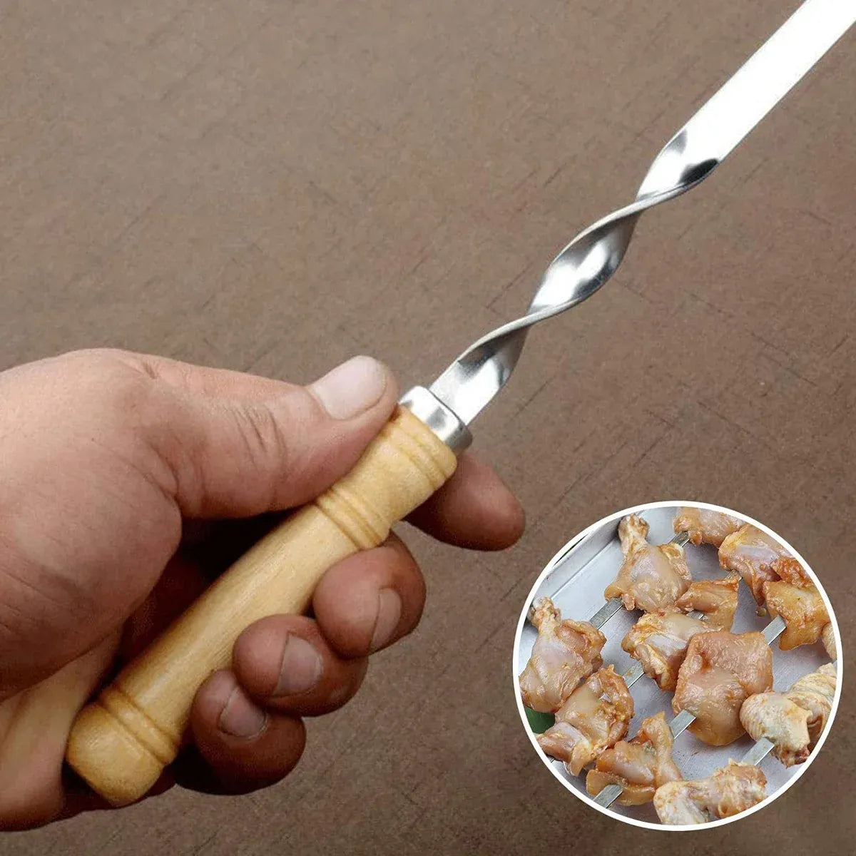BBQ Skewers 12PCS Flat Stainless Steel 55cm Wooden Handle Grill Meat Veg