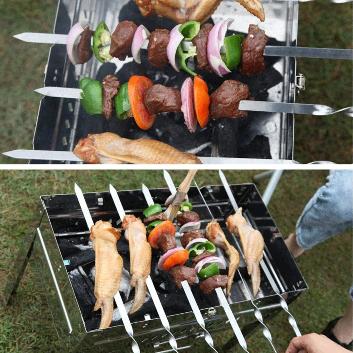 BBQ Skewers 12PCS Flat Stainless Steel 55cm Wooden Handle Grill Meat Veg