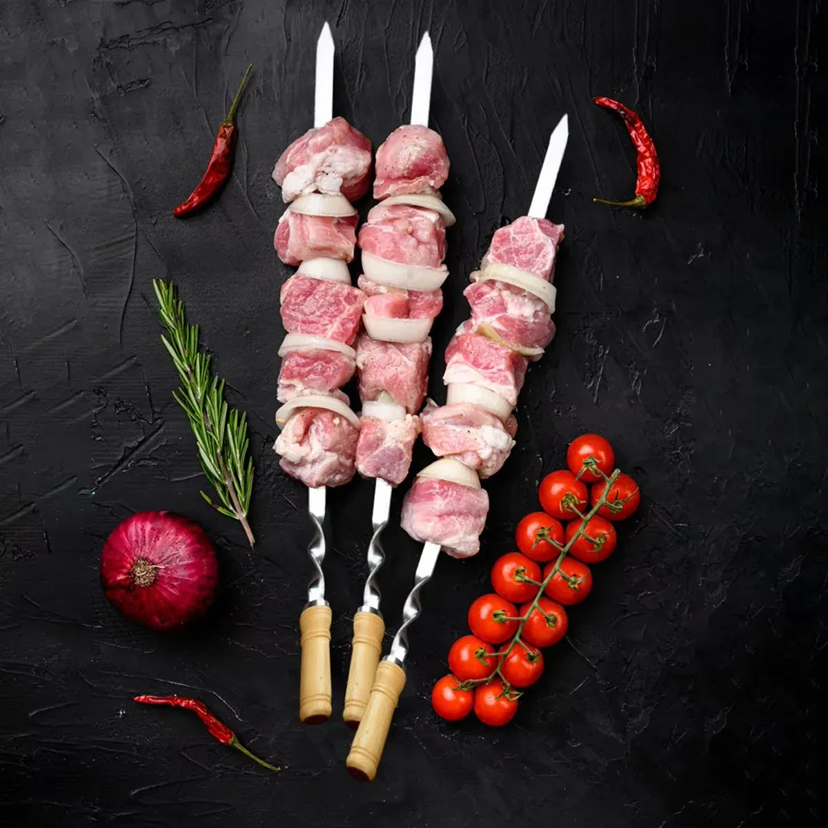 BBQ Skewers 12PCS Flat Stainless Steel 55cm Wooden Handle Grill Meat Veg