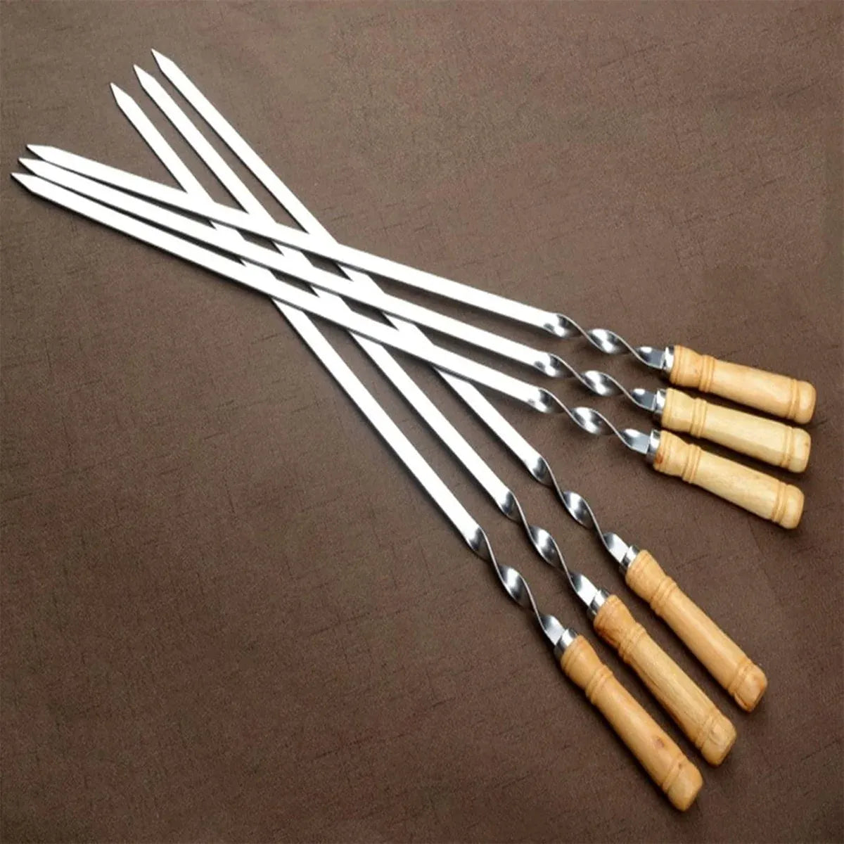 BBQ Skewers 12PCS Flat Stainless Steel 55cm Wooden Handle Grill Meat Veg