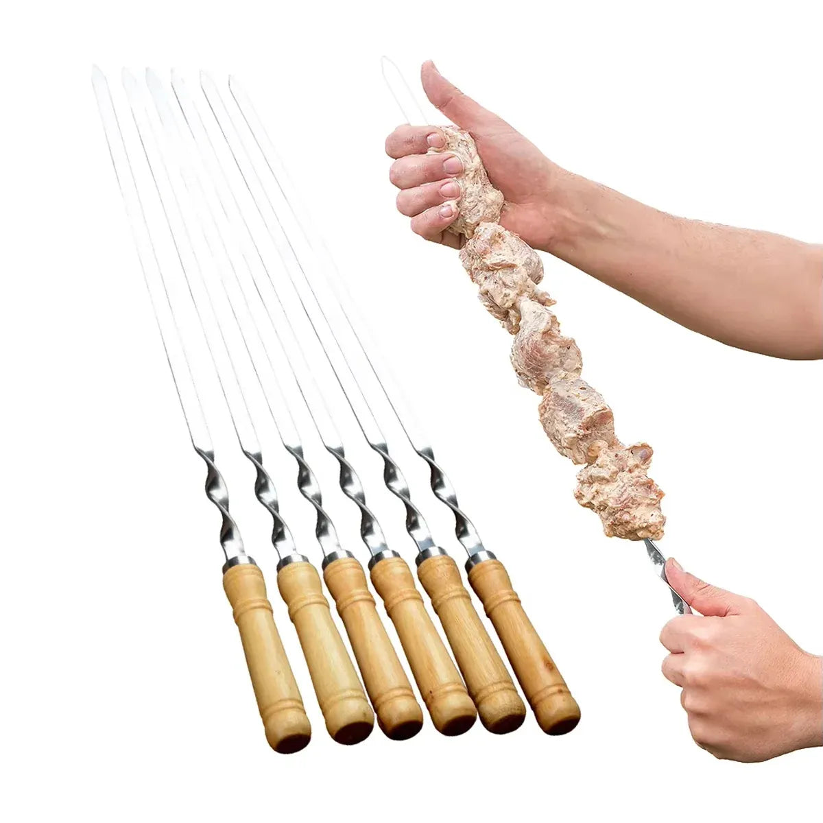 BBQ Skewers 12PCS Flat Stainless Steel 55cm Wooden Handle Grill Meat Veg