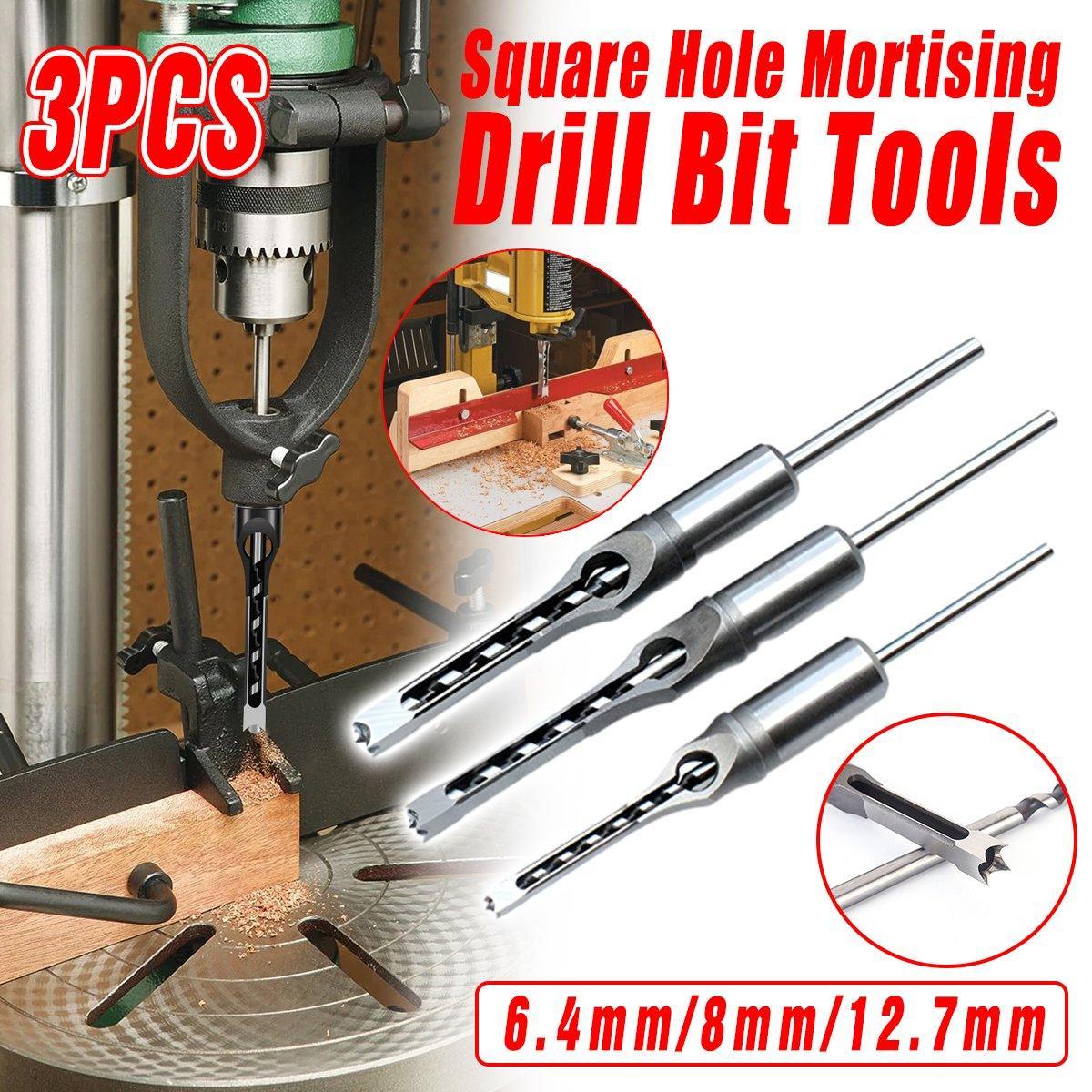 3x Square Hole Mortising Chisel Drill Bit Woodworking Saw Tools