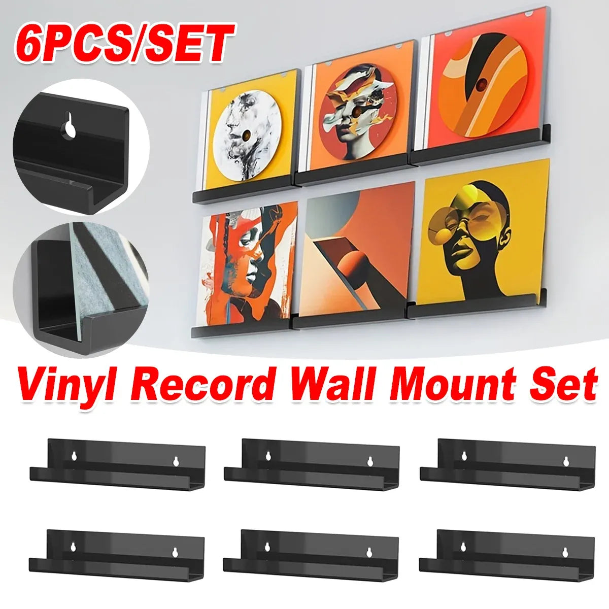 6PCS Wall Mounted Acrylic Vinyl Record Display Stand Durable Acrylic Material