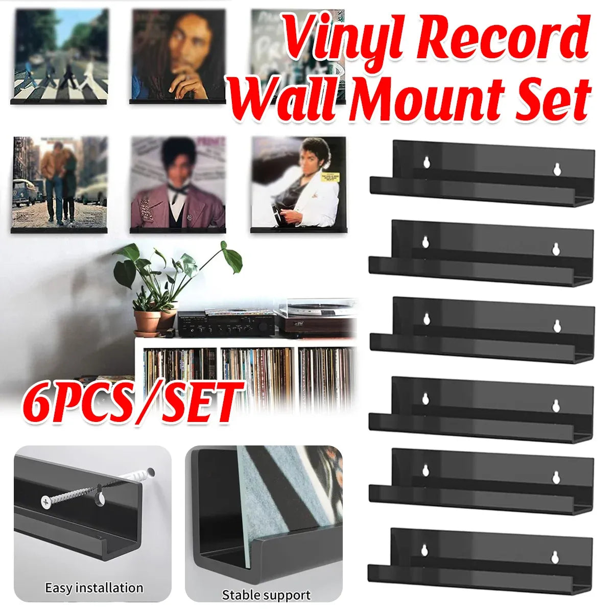 6PCS Wall Mounted Acrylic Vinyl Record Display Stand Durable Acrylic Material