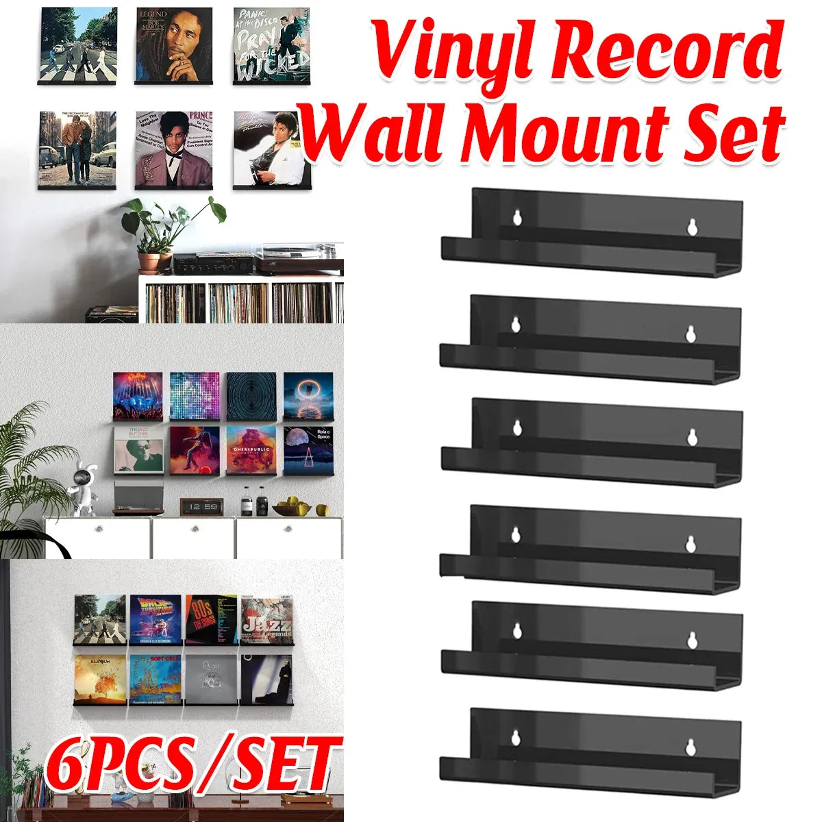 6PCS Wall Mounted Acrylic Vinyl Record Display Stand Durable Acrylic Material