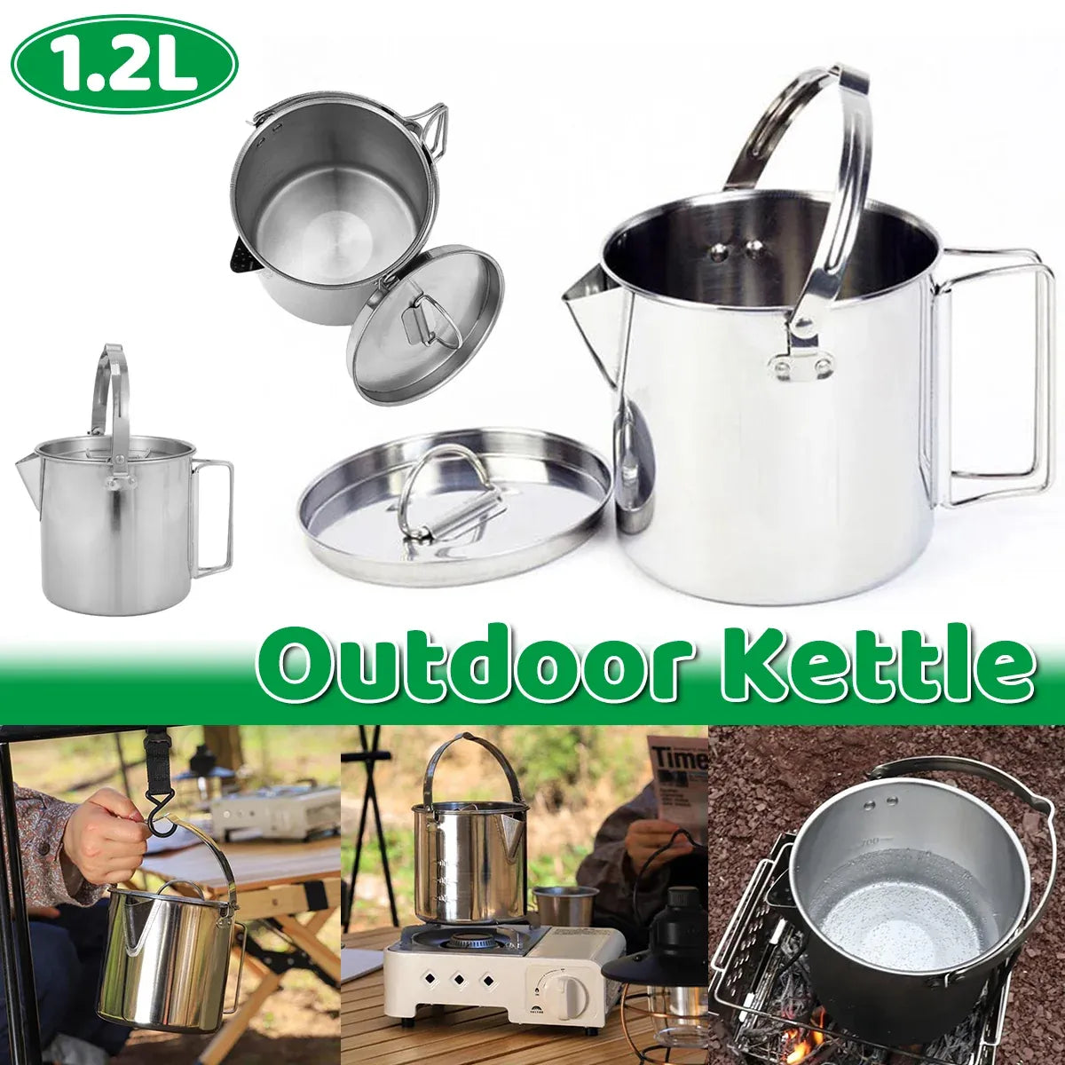 1.2L Portable Stainless Steel Camping Kettle Cookware For Hiking Outdoor Picnic