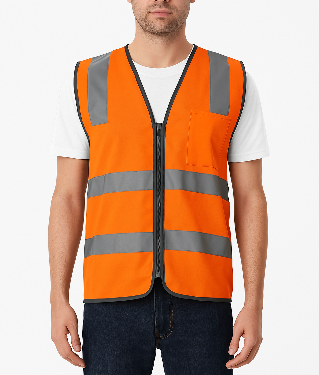 Hi Vis Safety Vest Reflective Tape Zip Up Workwear Pocket High Vis - L