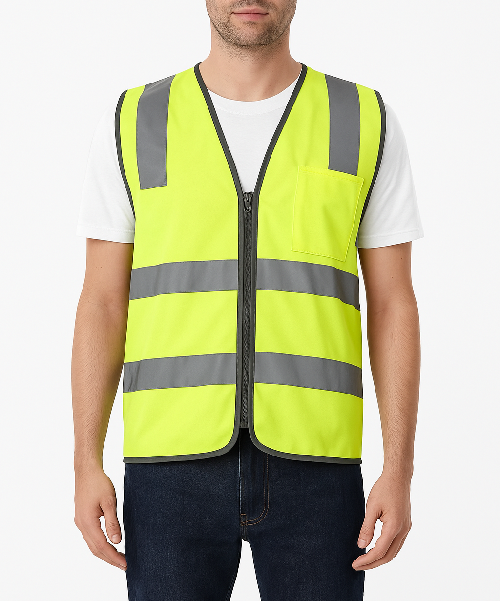 Hi Vis Safety Vest Reflective Tape Zip Up Workwear Pocket High Vis