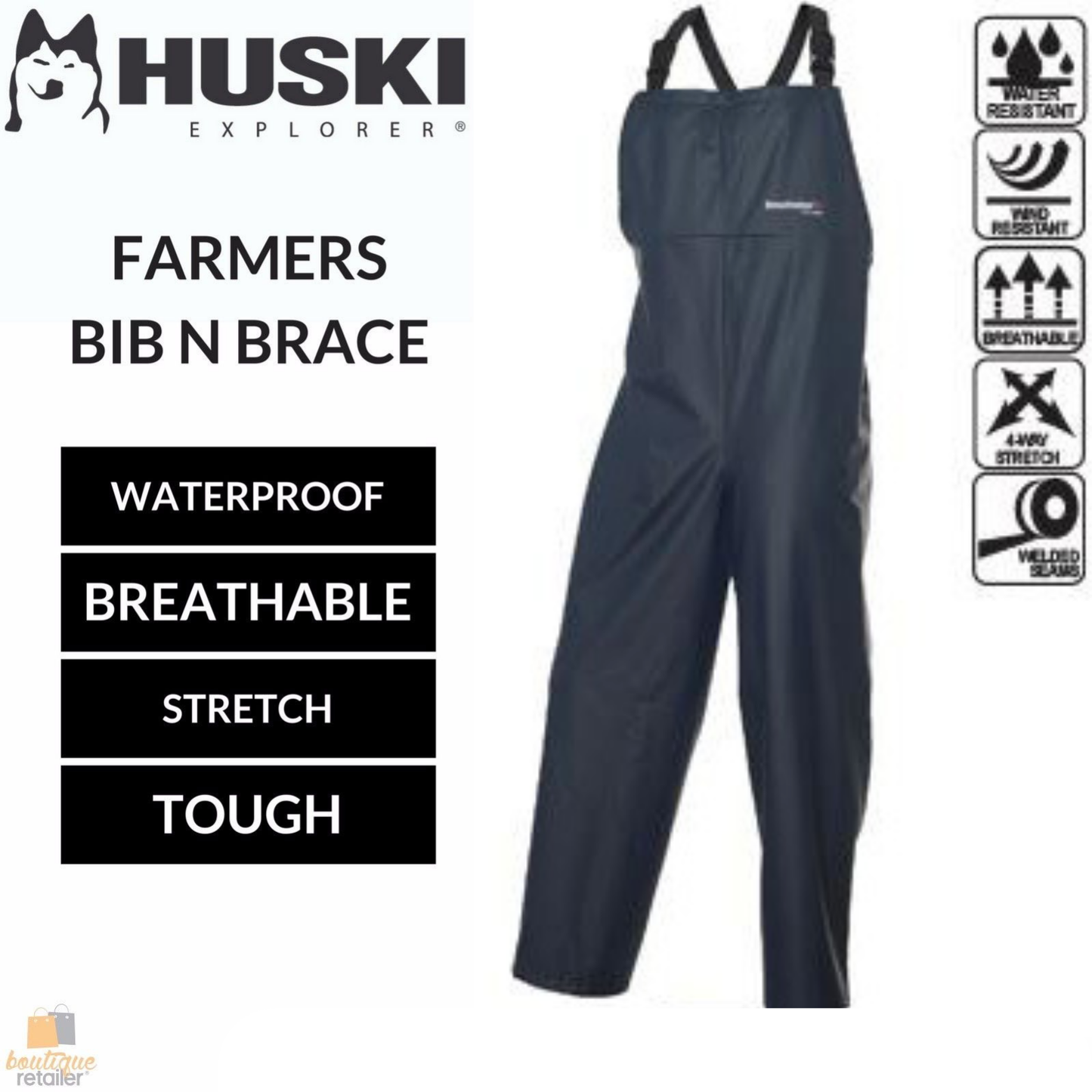 HUSKI OVERALLS Farmers Bib N Brace Waterproof Work - Navy - XS