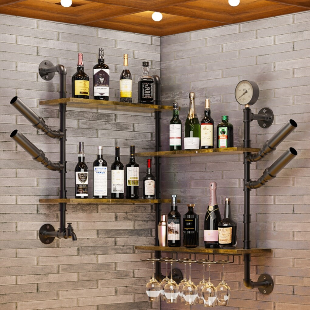 Industrial Pipe Bar Wall Liquor Shelf Floating Shelves with Glass Holder