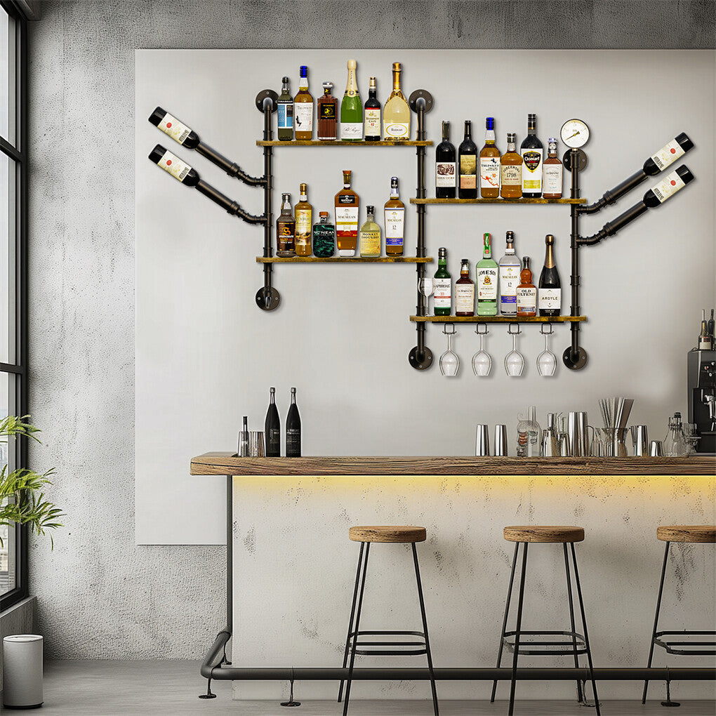 Industrial Pipe Bar Wall Liquor Shelf Floating Shelves with Glass Holder