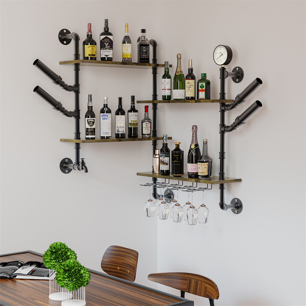 Industrial Pipe Bar Wall Liquor Shelf Floating Shelves with Glass Holder