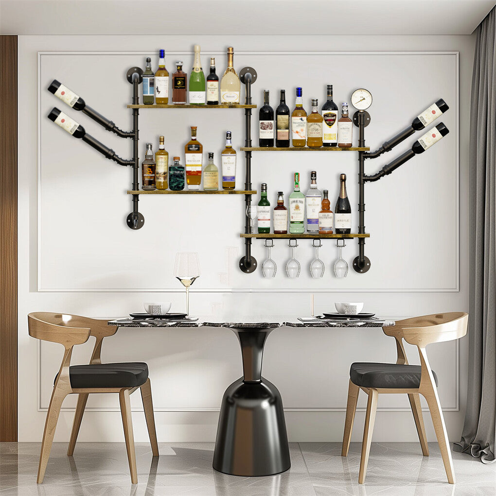 Industrial Pipe Bar Wall Liquor Shelf Floating Shelves with Glass Holder