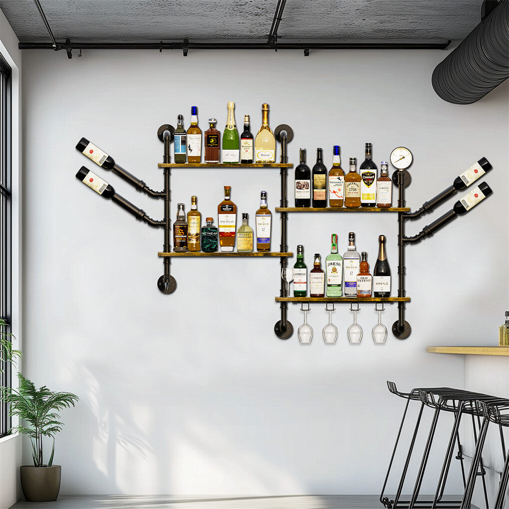 Industrial Pipe Bar Wall Liquor Shelf Floating Shelves with Glass Holder