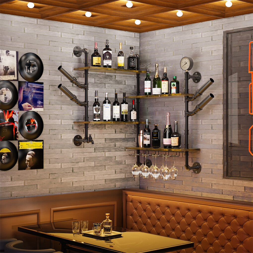 Industrial Pipe Bar Wall Liquor Shelf Floating Shelves with Glass Holder
