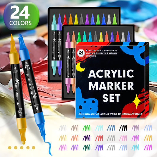 24-Color Dual-Tip Acrylic Marker Set - Fine and Brush Tip for Art