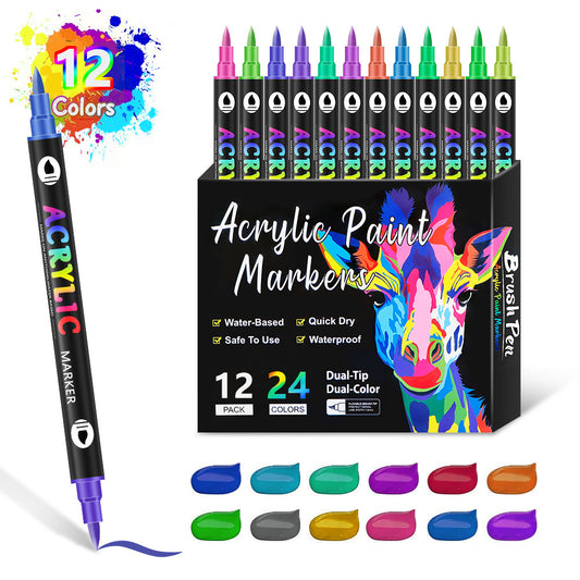 12-Pack Dual-Tip Acrylic Paint Markers - 24 Vibrant Colors