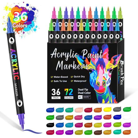 36-Pack Dual-Tip Acrylic Paint Markers - 72 Vibrant Colors
