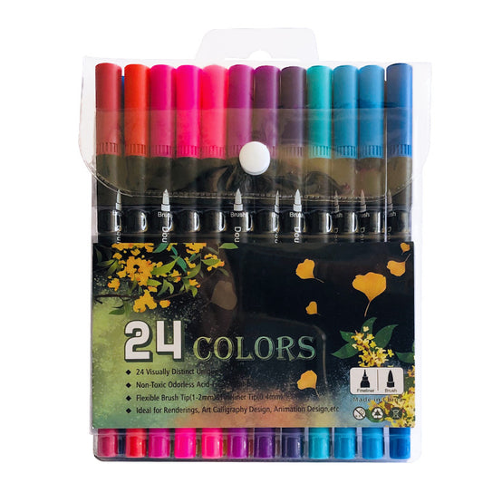 24-Color Dual-Head Brush and Fine Tip Marker Set - Vibrant Colors