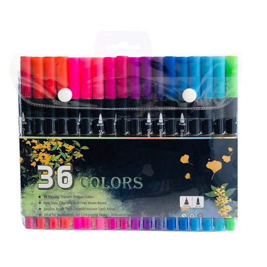 36-Color Dual-Head Brush and Fine Tip Marker Set - Vibrant Colors