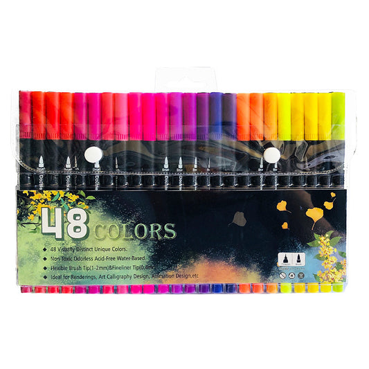 48-Color Dual-Head Brush and Fine Tip Marker Set - Vibrant Colors