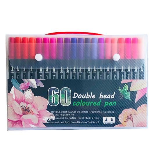 60-Color Dual-Head Brush and Fine Tip Marker Set - Vibrant Colors