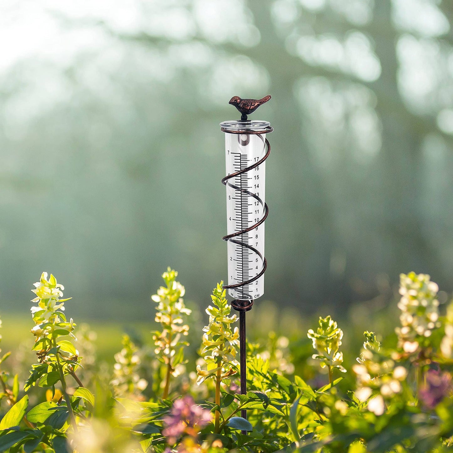 Decorative Garden Rain Gauge – Glass Rain Meter with Metal Stake