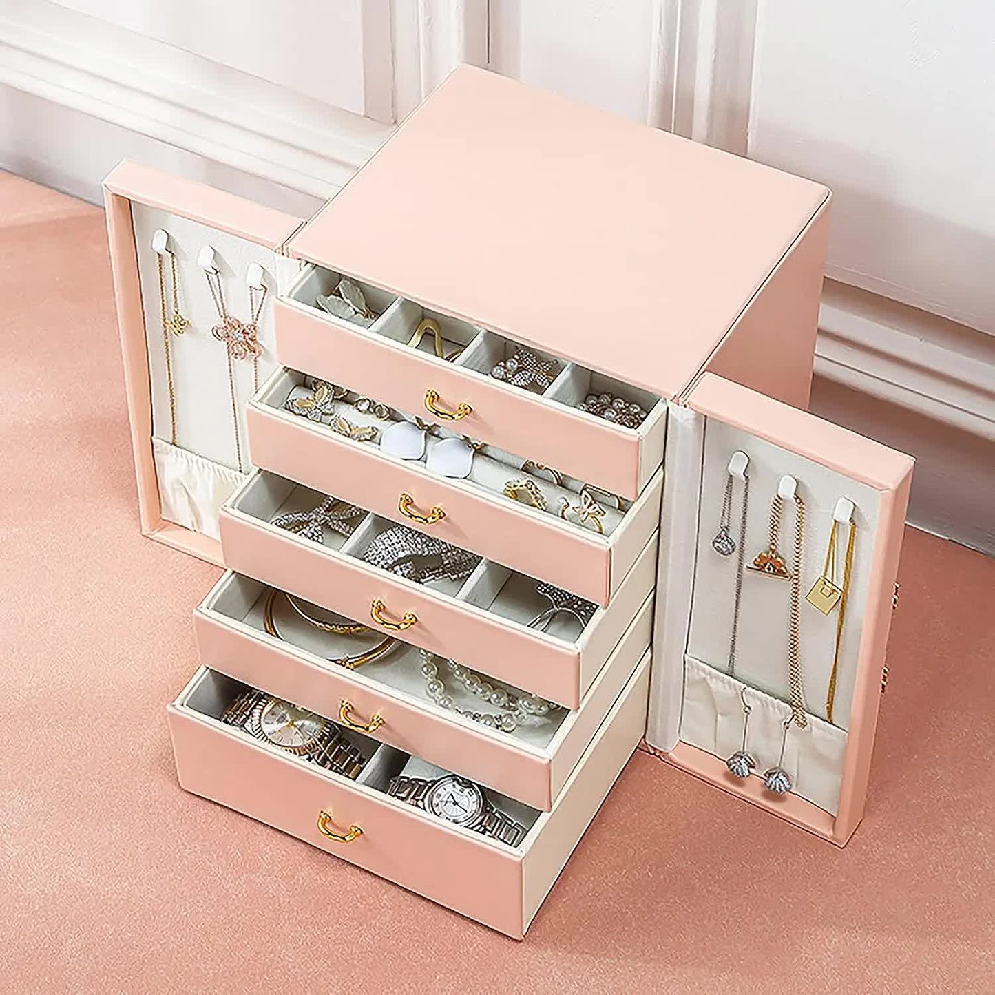 Pink Elegant 5-Layer Large Capacity Jewelry Storage Box with Dual Opening Doors
